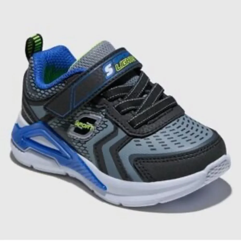 SKECHERS Sneakers S Lites NEW Light Up No tie Straps Black Blue Infant Size 5
